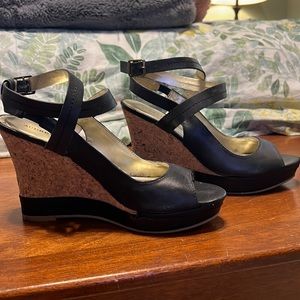 Audrey Brooke black wedge sandals. Size 8. Style Rome cork heels